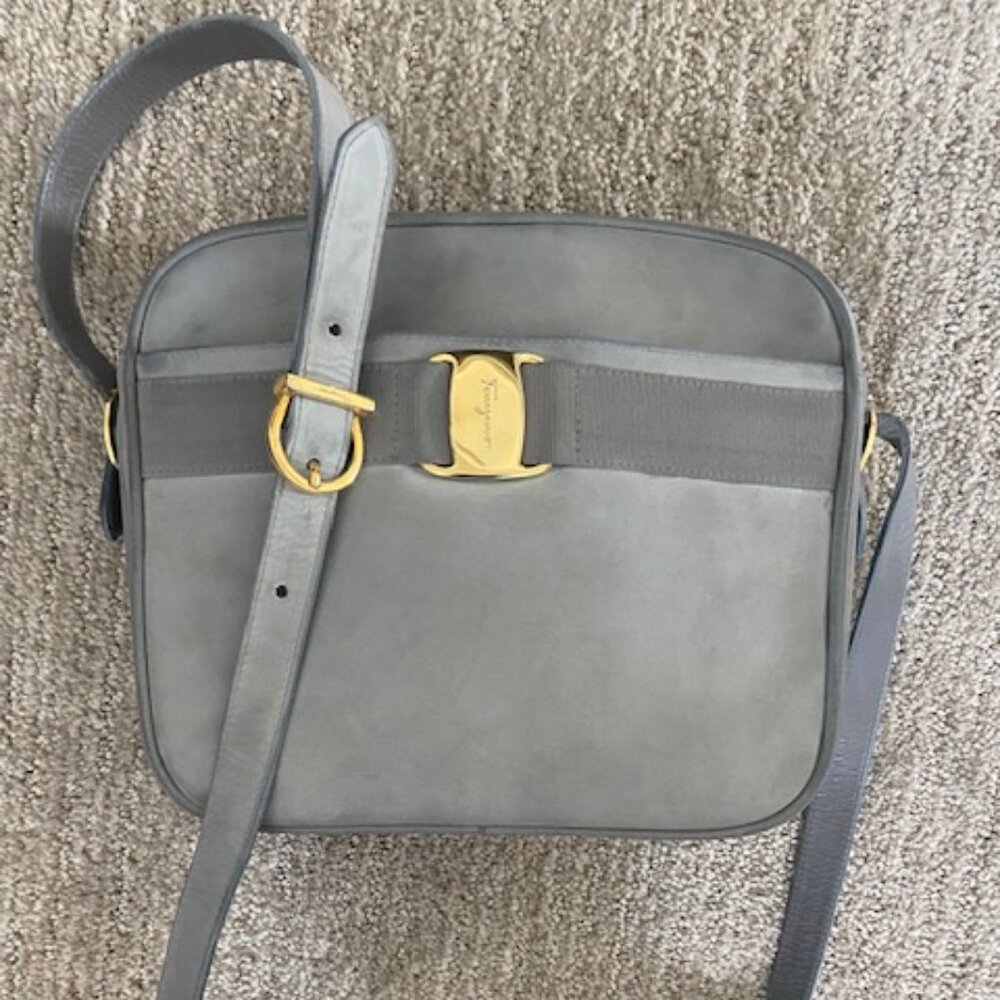 Salvatore Ferragamo Grey Vara Bow Monogram Logo Camera Suede Shoulder